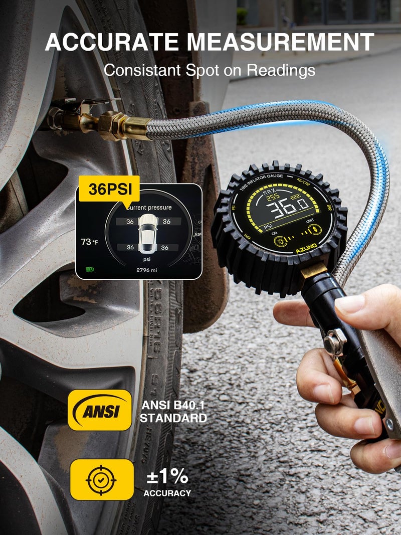 AZUNO Tire Pressure Gauge  255PSI Digital Tire Inflator Gauge Air Chuck Air Compressor Attachments  with Steel Braided Hose  Quick Connect Coupler&Carrying Case  for Truck/Car/SUV/RV/Bike - Image 2